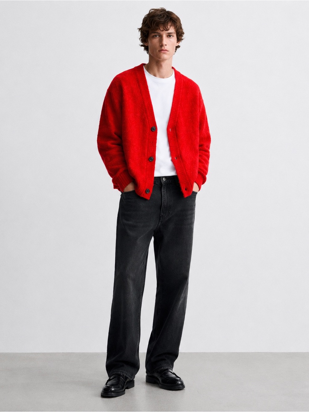 Zara Red Men's Soft Textured Button-Up Cardigan
